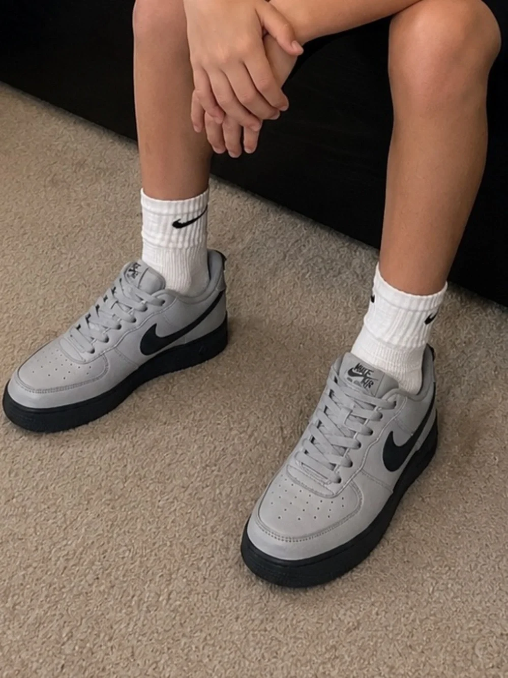 Nike Kids Air Force 1 Sneakers in Light Gray and Black
